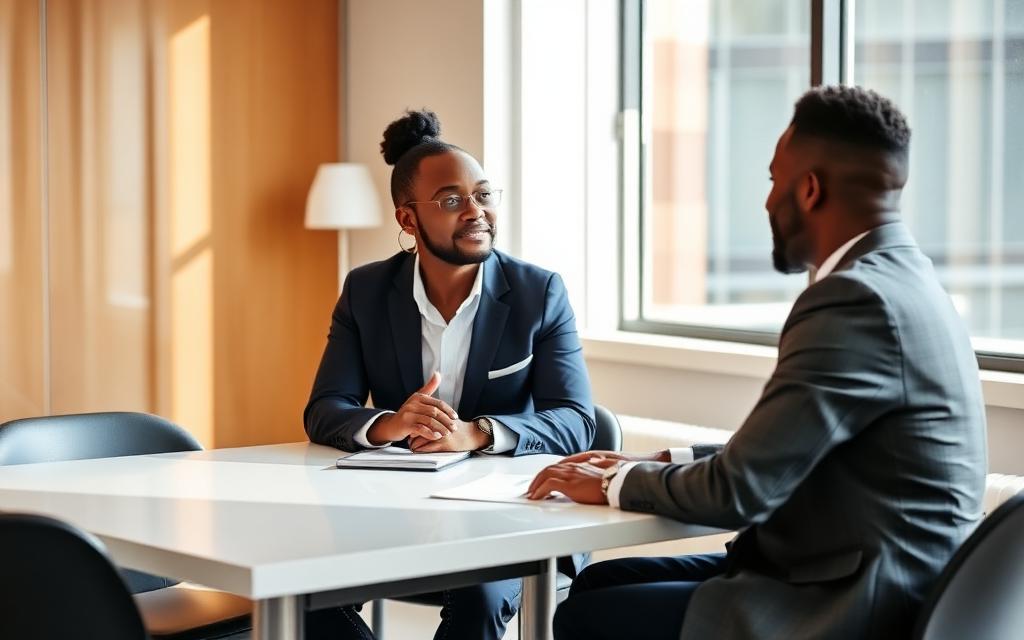 A professional mentor coaching a young person one-to-one in a bright office