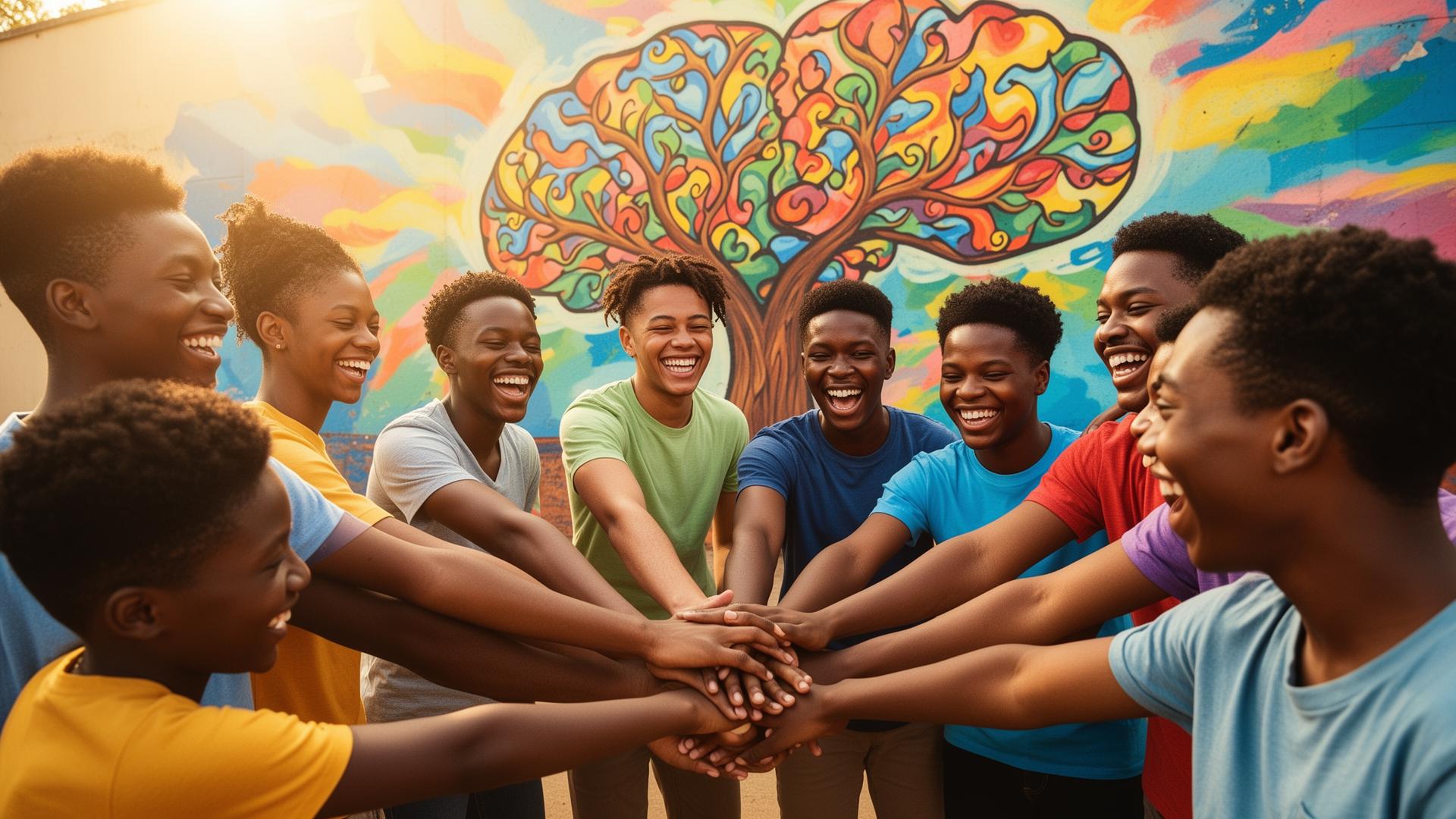Young people joining hands in front of a colourful brain-tree mural