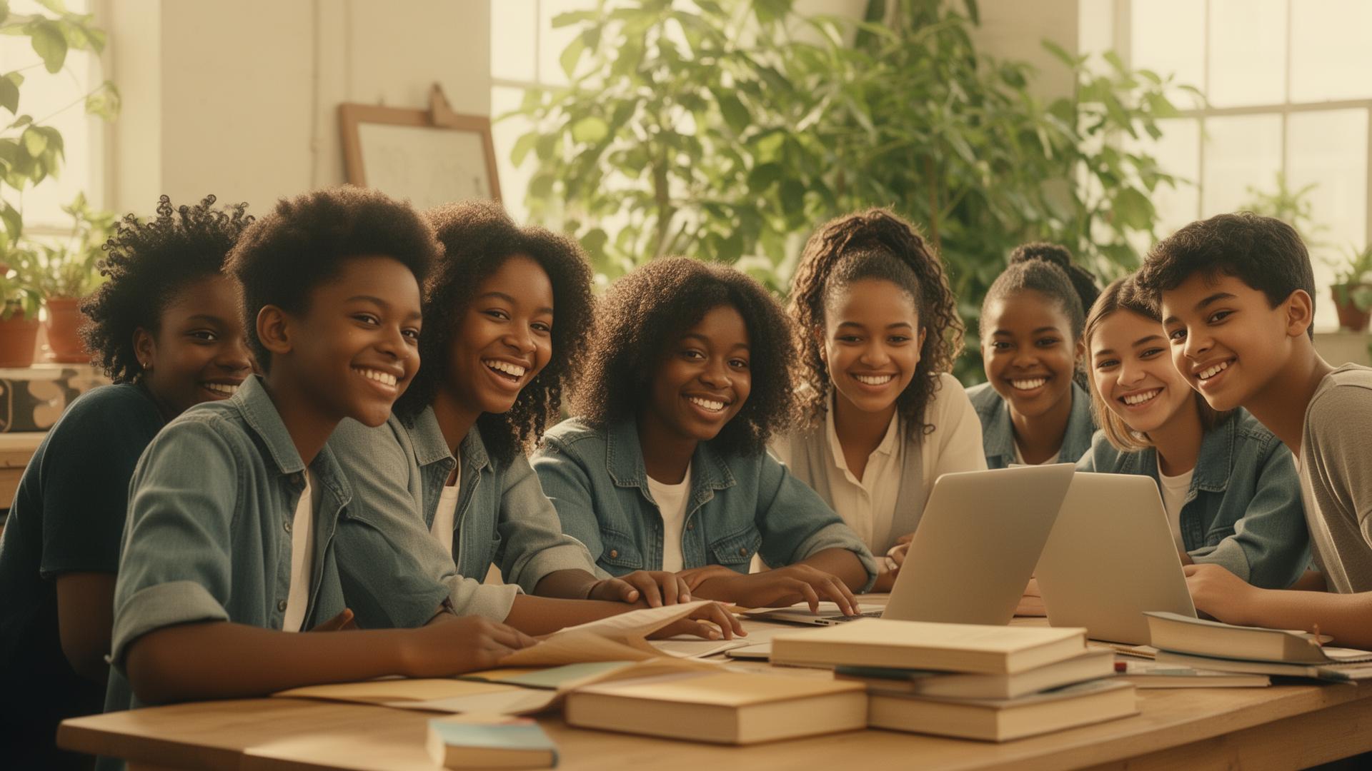Black young people learning and collaborating in a bright community space