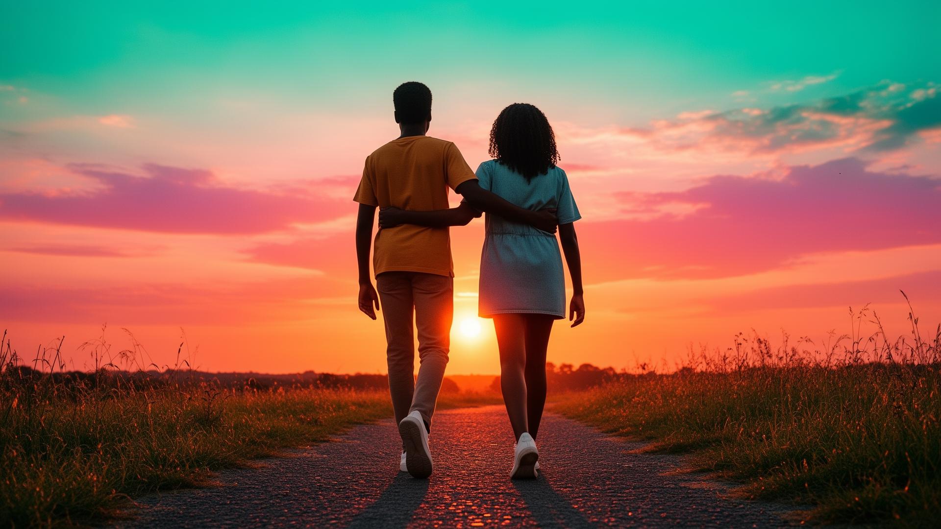 Two young people walking together toward a colourful sunrise