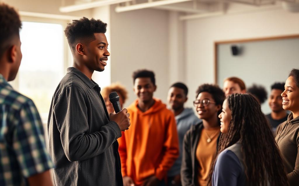 Confident young people leading a group discussion at a youth leadership workshop
