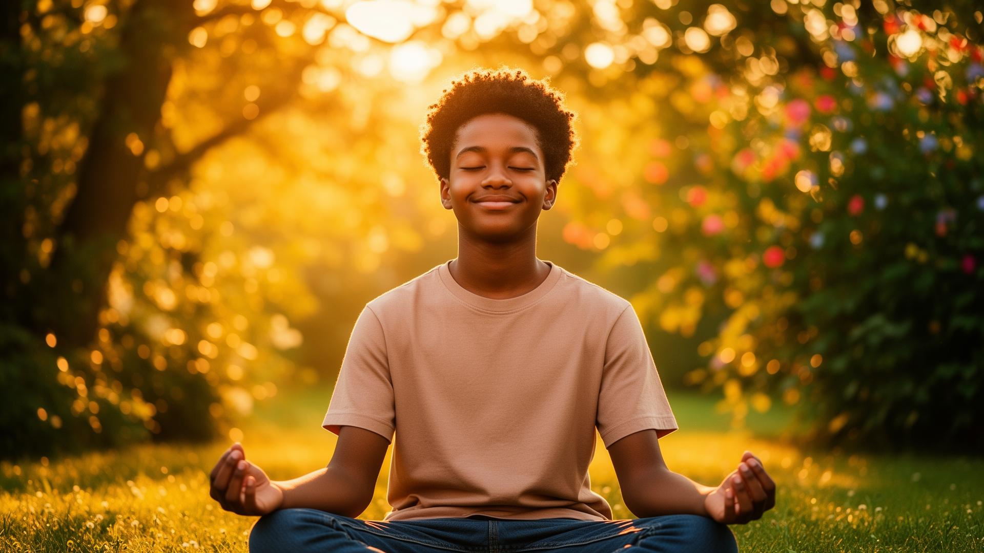 A young person meditating at golden hour