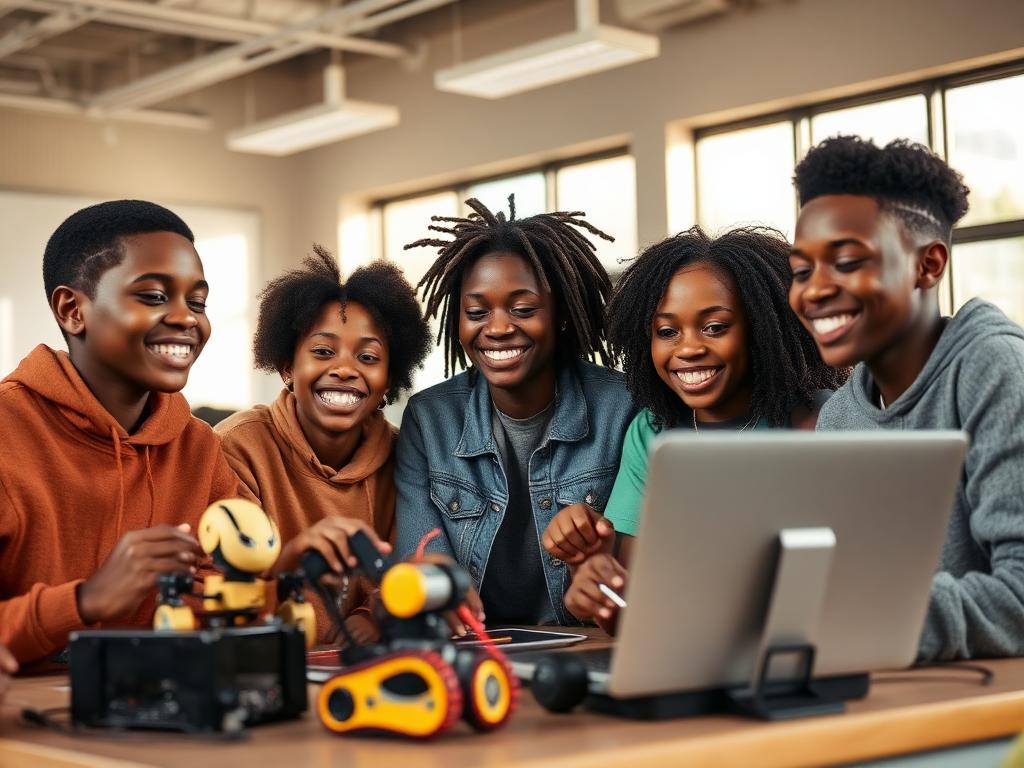 Black teenagers coding on laptops and exploring robotics at a STEM club