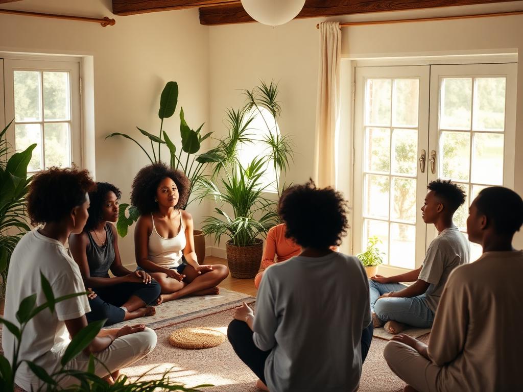 Young people sitting in a supportive circle during a mental wellness workshop
